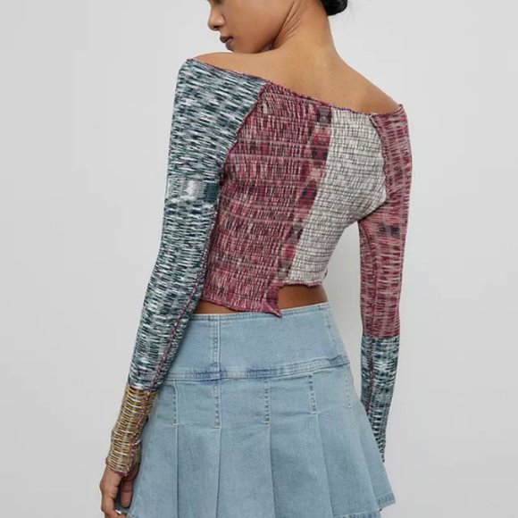 Urban Outfitters Patchwork Long Sleeve Crop Top - Picture 2 of 7